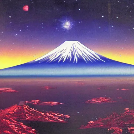 Prompt: sci - fi tokyo, the shores of infinity, extra detailed. detailed mount fuji, warm colors