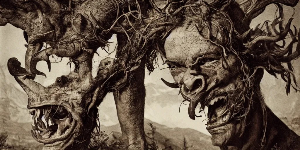 Image similar to historical sharp 4 k photograph of a man turning into a grotesque monster with goathorns and roots growing from his face in a pasture in the alps