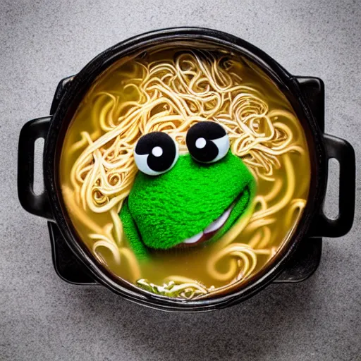 Prompt: muppet submerged in a bowl of noodle soup