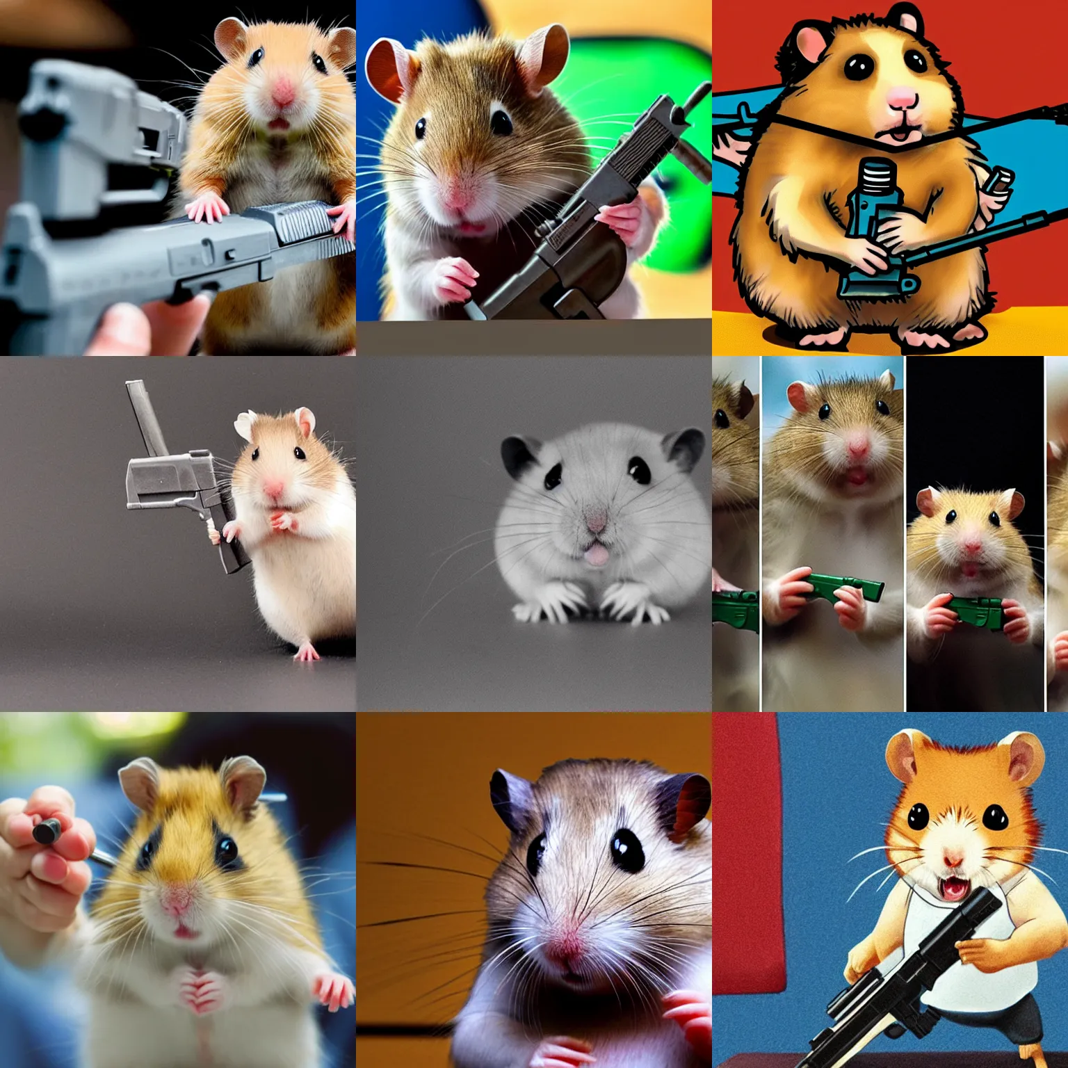 Prompt: a hamster pointing a gun, threatening facial expressions, highly detailed