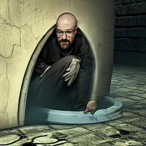 Prompt: Walter white hiding in a sewer, photorealistic, 4k