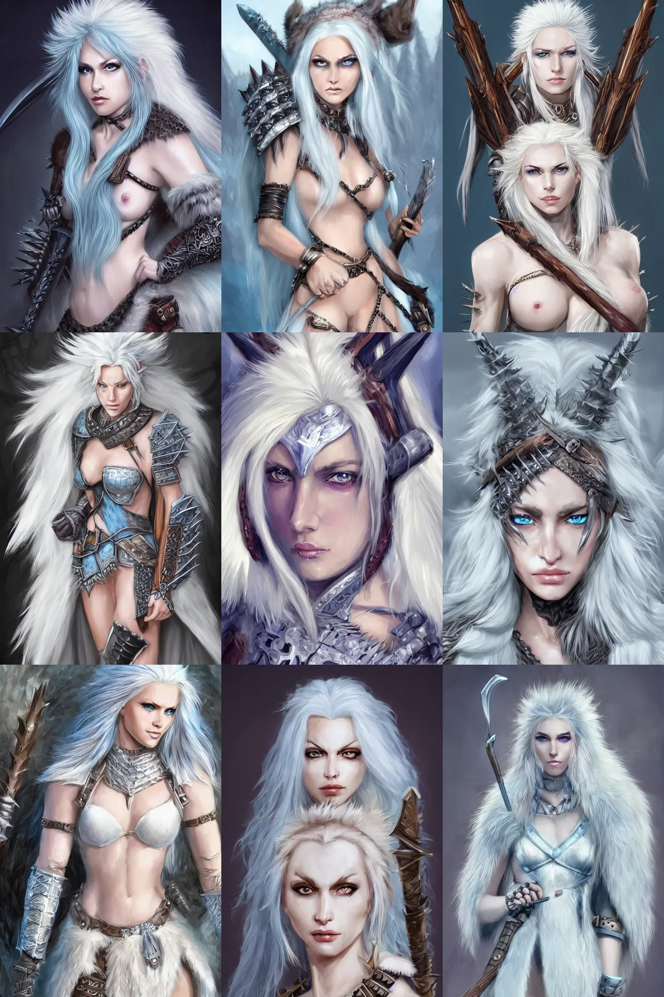 Prompt: portrait of a gorgeous female barbarian with white hair, pale blue eyes, looking at camera, D&D, fur cape, plated armor, long wild spiky hair, intricate, elegant, stylish, cocky smirk, fantasy, extremely detailed, digital painting, artstation, concept art, smooth, sharp focus, illustration, stunning lighting, art by artgerm and greg rutkowski and alphonse mucha and simon stalenhag, fully clothed,no nudity