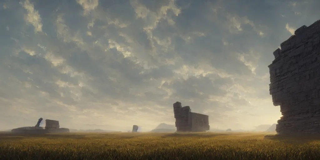 Prompt: wide shot of a monolithic structure floating high above a cornfield, late afternoon, golden hour, highly detailed, smooth, sharp focus, concept art by greg rutkowski and ruan jia