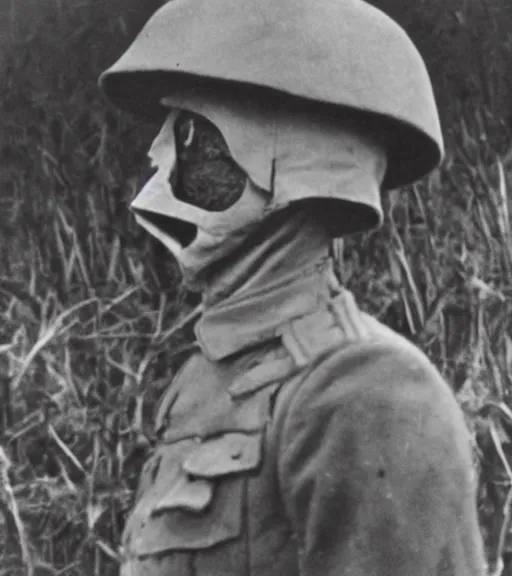 Image similar to a soldier wearing a scarecrow mask in distance, ww1 film photo, grainy, high detail, high resolution