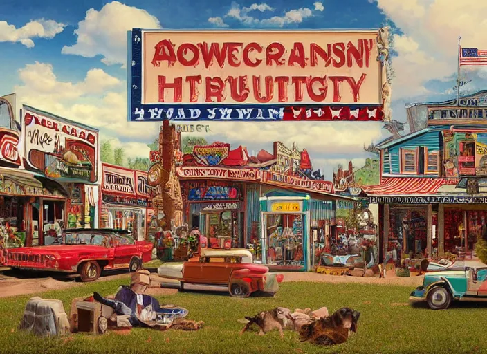 Image similar to americana tourism, lowbrow, matte painting, 3 - d highly detailed, in the style of mark ryden,