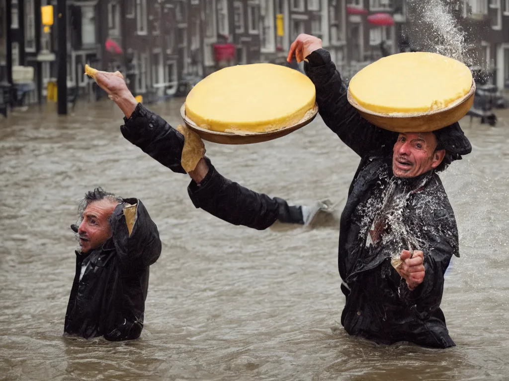 Image similar to closeup potrait of a man carrying a wheel of cheese over his head in a flood in Amsterdam, photograph, natural light, sharp, detailed face, magazine, press, photo, Steve McCurry, David Lazar, Canon, Nikon, focus