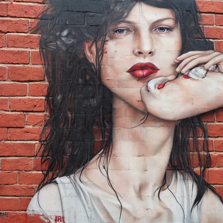 Image similar to Street-art portrait of Milica Bogdanivna Jovovich on the red brick wall in style of Etam Cru, photorealism