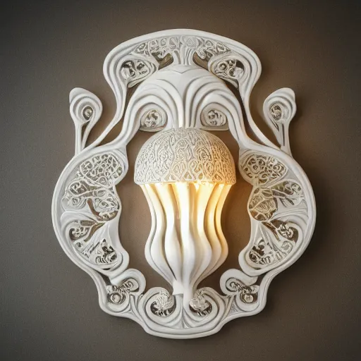 Prompt: wide symmetrical art nouveau wall light with filigree faberge orchid betta spiral mushrooms forest organic natural forms designed by giger, white 3 d print, 8 k, octane render