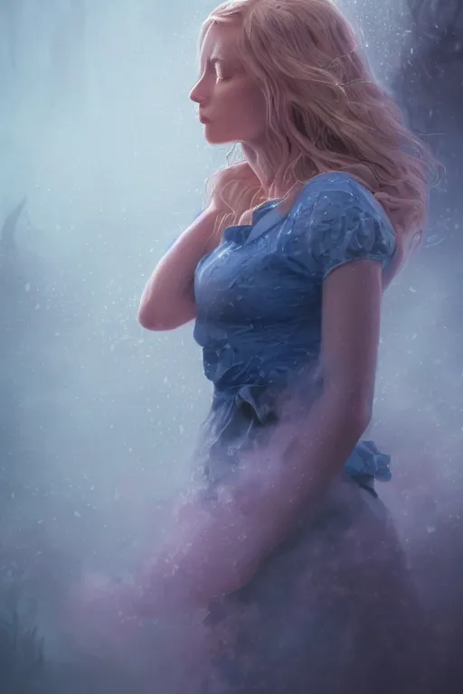 Image similar to an insanely detailed close up portrait of a beautiful blonde haired woman, blue dress, holding nikon camera, background is a fountain in the park, in the style of peter mohrbacher, artgerm, dramatic lighting and composition, pink fog background, octane render, trending on artstation, concept art 8 k