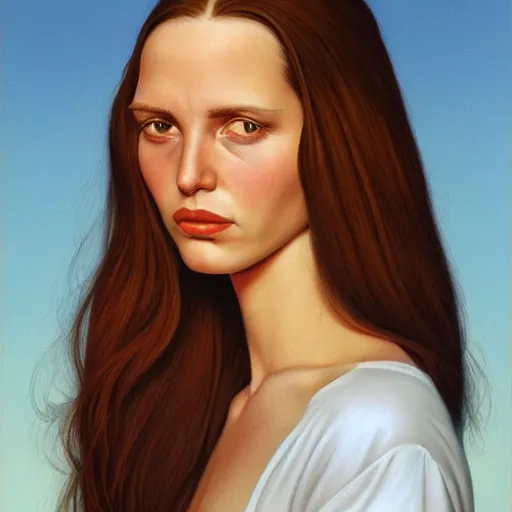 Prompt: a beautiful portrait of a thin, tired young woman with long brown hair, by greg hildebrandt