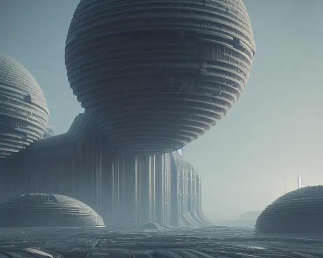 Image similar to brutalist alien civilization, matte painting by Mike Winkelmann, featured in artstation, octane render, cinematic, elegant, intricate, 8k, HDR