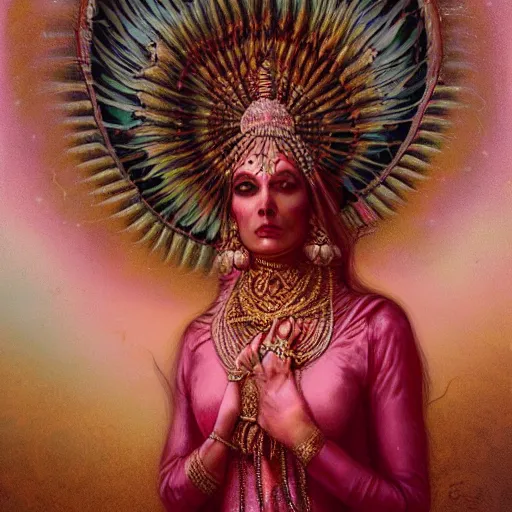 Prompt: old Indian majestic lady guru, looking upwards, despair, pink and gold, kneeling, mystic, by Anato Finnstark, Tom Bagshaw, Brom