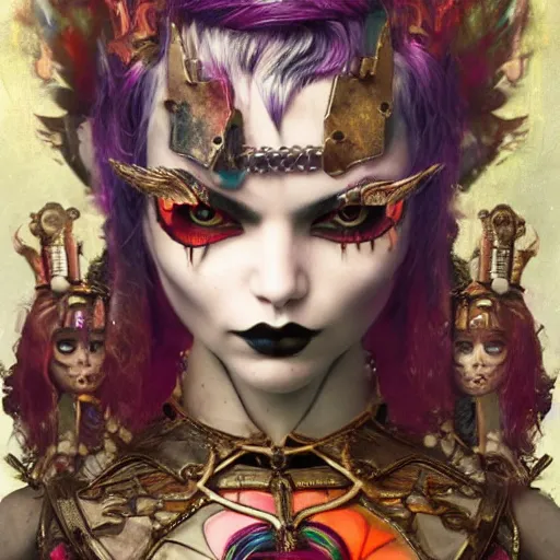 Prompt: photorealistic portrait of a curiosities carnival, single doll punk in a full gothic armor, multiple dyed colors haircut, heroic, symmetry accurate features, focus, rainbow lighting, very intricate details, award winning masterpiece, by tom bagshaw, ultra deep fog background