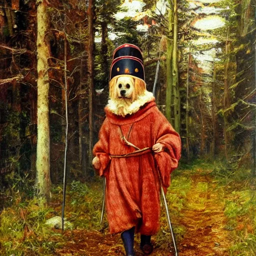 Image similar to Slavic dog head man, woolen torso in medieval clothes, walking in the forest, Orthodox Saint Christopher, oil painting, painting by Viktor Vasnetsov, concept art, hyperrealism, beautiful, high resolution, trending on artstation,