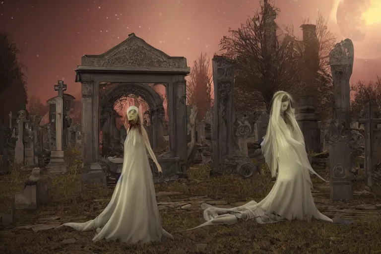 Image similar to an ultra detailed animation of an invisible ghost bride in a graveyard at midnight on halloween, digital art, dark fantasy, concept art, soulslike, by alphonse mucha, blood moon eclipse, ruined building in the background, artstation, 8 k, unreal engine render