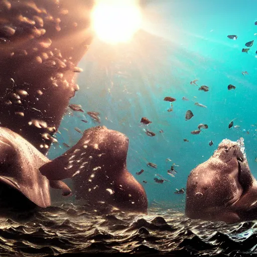 Prompt: ultra realistic underwater photography, panoramic picture of an ocean floor with a few baluga whales. focus on the whales. the whales are anatomically correct and highly detailed. lots of bubbles. seaweed and some rocks. gloomy scattered light entering from the water surface, artstation, 8 k
