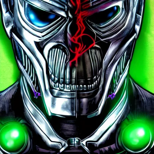 Prompt: face of an armored villian, ultron, sauron, evil dark, mask, joker smile, iridescent eyes, purple and green highlights, metal, knight, teeth, terminator