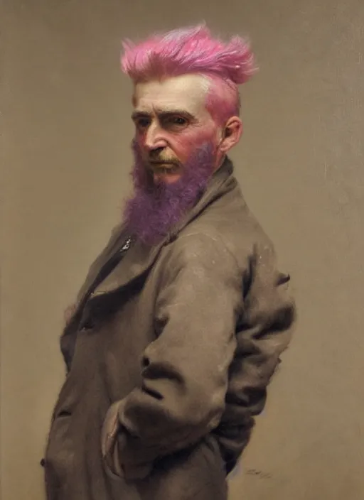 Prompt: a detailed portrait of old man with a long pink mohawk by edouard bisson, punk rock, oil painting, muted colours, soft lighting