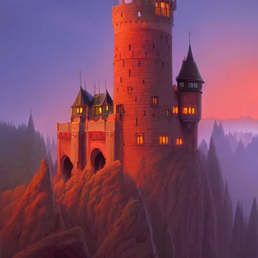 Prompt: Evil castle by Evgeny Lushpin, greg rutkowski,red sky,background mountains,dragon