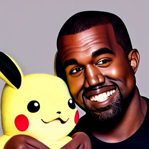 Image similar to kanye west smiling holding pikachu for a 1 9 9 0 s sitcom tv show, studio photograph, portrait c 1 2. 0