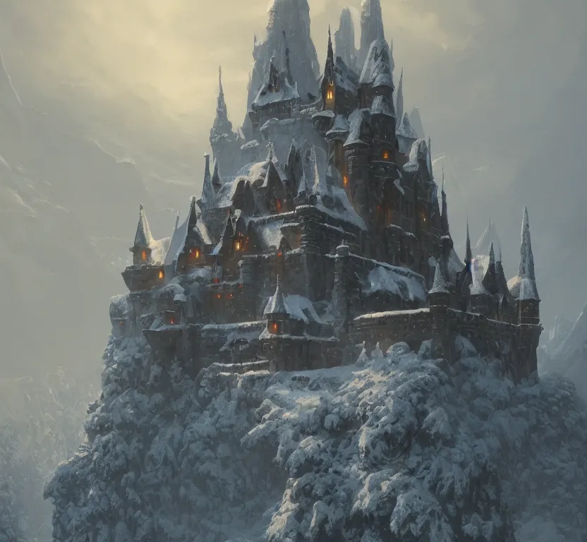 Image similar to a painting of a castle in the middle of a snowy mountain, a detailed matte painting by andreas rocha and greg rutkowski, featured on artstation, fantasy art, matte drawing, matte painting, artstation hq