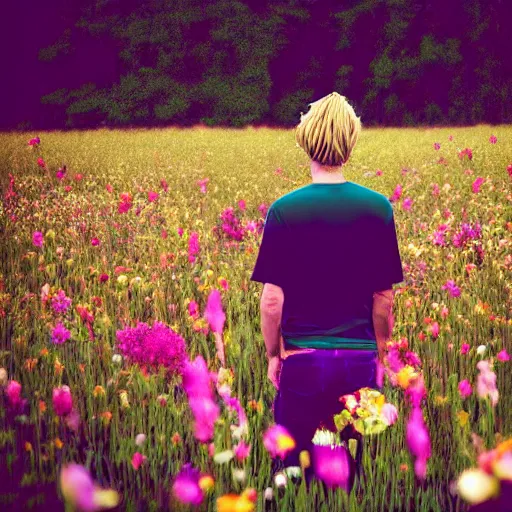 Image similar to revolog kolor photograph of a skinny blonde guy standing in a field of flowers, flower crown, back view, grain, moody lighting, telephoto, 9 0 s vibe, blurry background, vaporwave colors!, faded!,