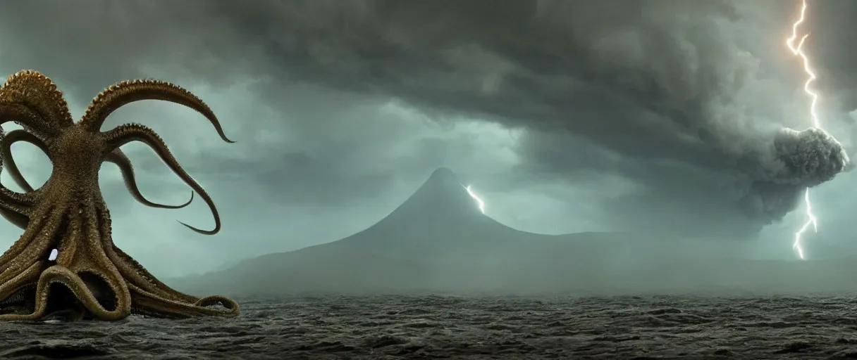 Image similar to a giant octopus god floating over a rain forest, lightning, ambient sun, a volcano erupts, still from the movie the arrival, 8k