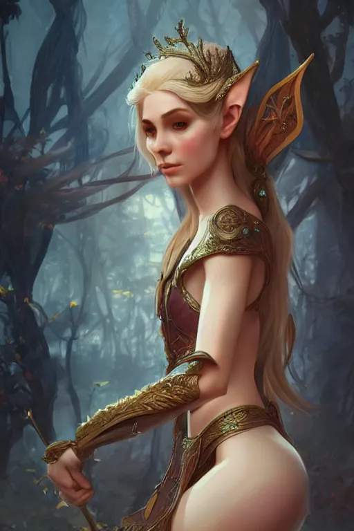 Image similar to beautiful elven princess, accurate anatomy, only two hands, highly detailed, digital painting, artstation, concept art, smooth, sharp focus, illustration, Unreal Engine 5, 8K, art by sakimichan and greg rutkowski and alphonse Mucha