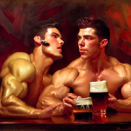 Image similar to attractive muscular male with dark red hair with muscular attractive male with black hair, drinking their hearts out, in a pub. very defined and highly detailed painting by gaston bussiere, j. c. leyendecker, craig mullins 8 k