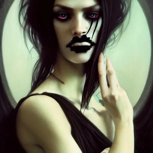 Image similar to portrait painting of an androgynous witch with shoulder length flowing black hair pale skin and beautiful dark brown eyes wearing goth clothes, ultra realistic, concept art, intricate details, eerie, highly detailed, photorealistic, octane render, 8 k, unreal engine. art by artgerm and greg rutkowski and alphonse mucha