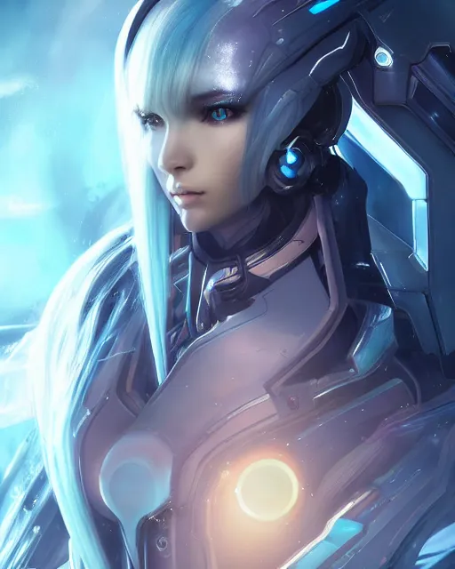 Image similar to perfect android girl on a mothership, warframe armor, beautiful face, scifi, futuristic, galaxy, nebula, raytracing, dreamy, long white hair, blue cyborg eyes, sharp focus, cinematic lighting, highly detailed, artstation, divine, by gauthier leblanc, kazuya takahashi, huifeng huang