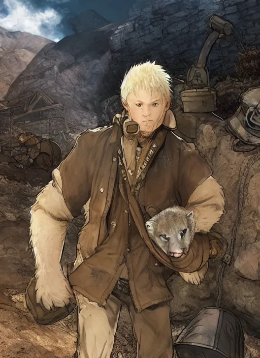 Image similar to character portrait of a man with an albino mountain lion's head wearing miner's clothes at the mines. hidari, color page, tankoban, 4K, tone mapping, Akihiko Yoshida.