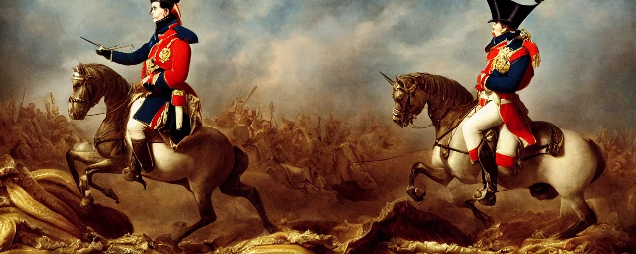 Image similar to napoleon bonaparte on a horse, in front of a mound of spaghetti, on the battle field, high detail, canon 5 0 mm, cinematic lighting, photography, retro, film, kodachrome