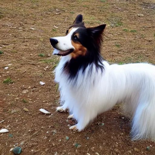 Image similar to a giant Sheltie is looking down at it's ant sized human owner