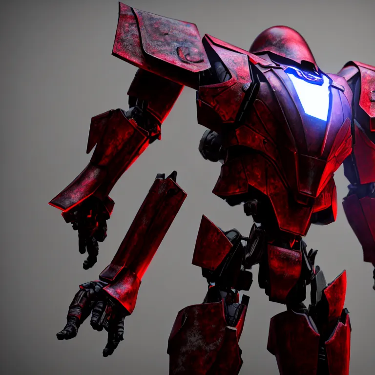 Image similar to hyper detailed 8 k cg cinematic still, rendering with volumetric lightning and ray tracing, crimson skinny full body armored core, weathering armor plating, endoekeleton exposure