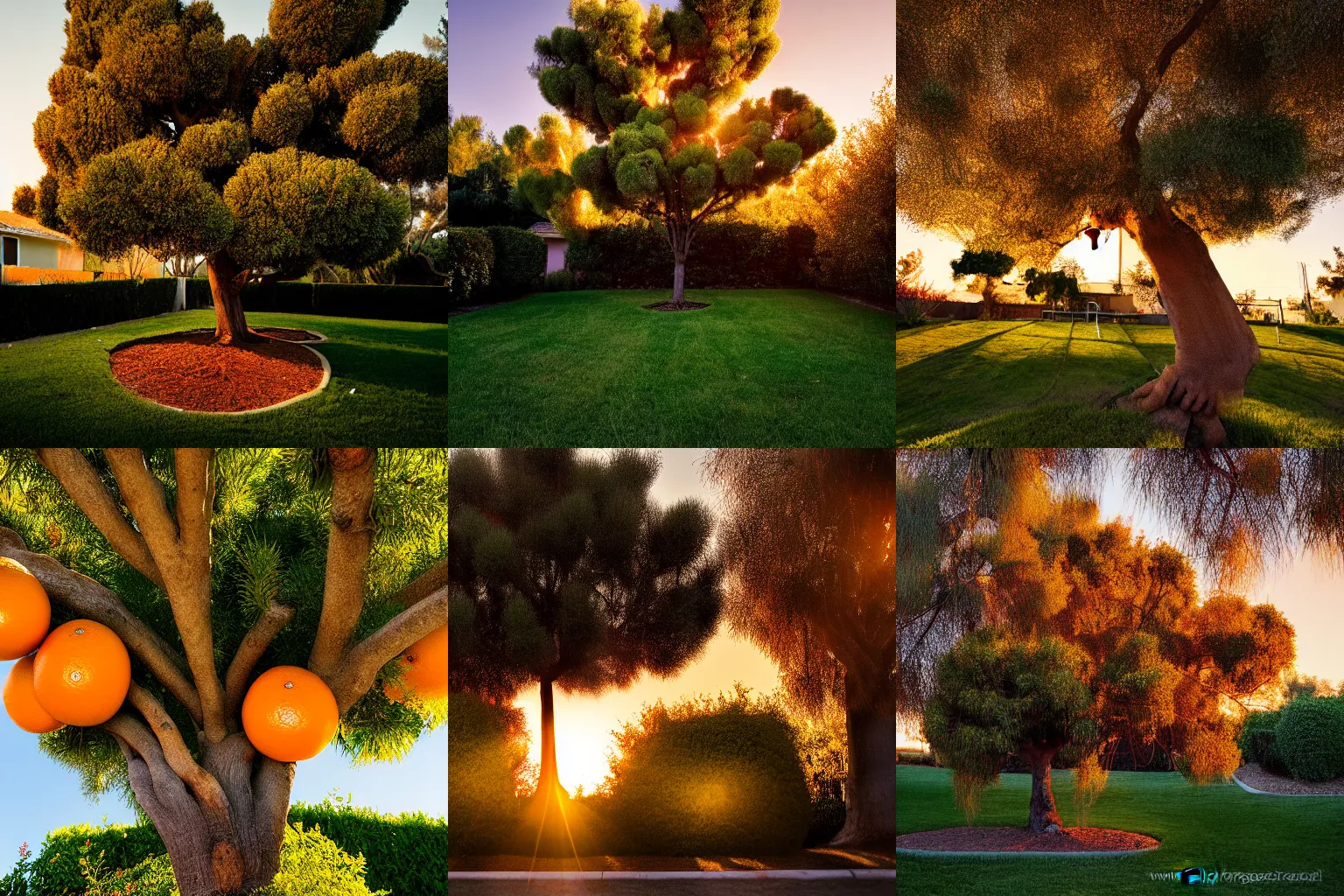 Prompt: an tree growing oranges outside a california suburban home, style of photographers willem verbeeck and Kyle McDougall, complimentary colors, filmic, golden hour