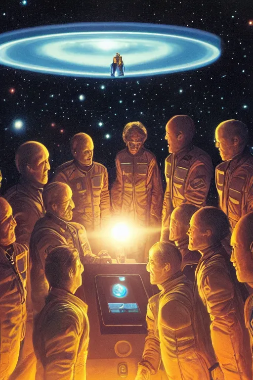 Image similar to an illustration of the crew of a spaceship are huddled over a glowing console, by barclay shaw