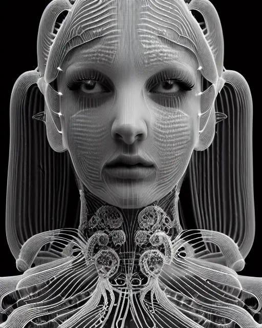 Image similar to mythical dreamy black and white organic bio - mechanical spinal ribbed profile face portrait detail of translucent steampunk beautiful female angelic - human - queen - vegetal - cyborg, highly detailed, intricate crystal ivy jelly ornate, poetic, translucent roses ornate, 3 d render, digital art, octane render, 8 k artistic photography, photo - realistic, by dora maar