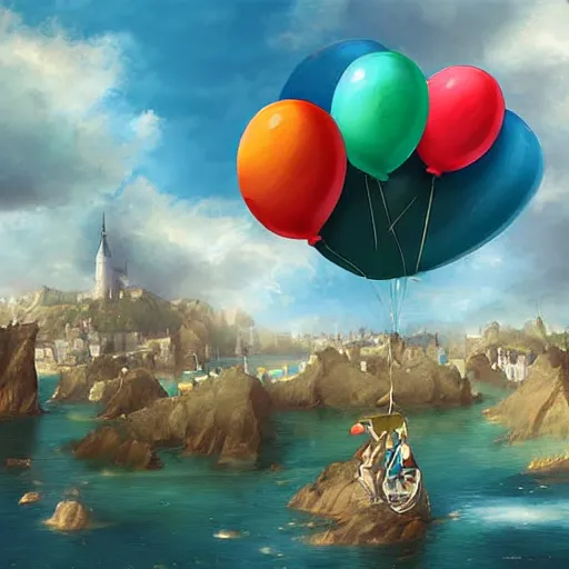 Image similar to digital art of bretagne with giant birthday balloons, artstation cgsociety masterpiece