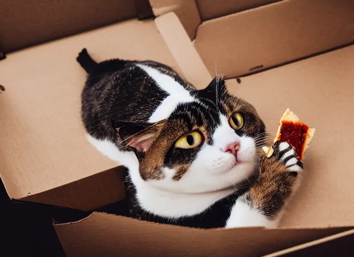 Prompt: photo of a very fat cat chewing pizza inside a cardboard box. nikon d 8 5 0 5 5 mm.