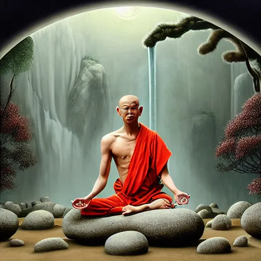 Image similar to an anthromorphic wolf shaolin monk character meditating in a zen garden with a waterfall under the blood moon, by Adi granov and afarin sajedi and amanda sage and evgeni gordiets and Agostino Arrivabene and adonna khare in a psychedelic portrait style, ultrarealistic matte painting, volumetric lighting, fractal, extremely symmetrical, highly detailed face, orisha, 8k, hd