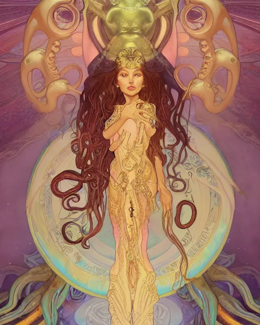 Image similar to alien goddess with body of octopus dreamy vision, highly detailed, gold filigree, romantic storybook fantasy, award, watercolor illustration by mandy jurgens and alphonse mucha and alena aenami, pastel color palette, featured on artstation