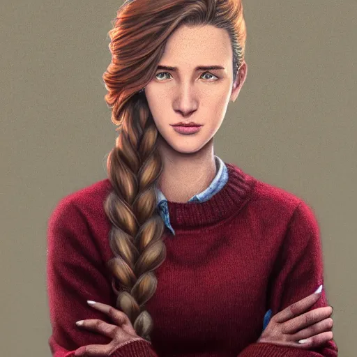 Prompt: an insanely detailed realistic depiction of beautiful jodi from stardew valley standing in the aisel of a supermarket wearing burgundy sweater and denim jeans, auburn hair thin french braid, masterpiece brown eyes, weak smile, in the style of peter mohrbacher, artgerm, dramatic lighting and composition, octane render, trending on artstation, concept art 8 k