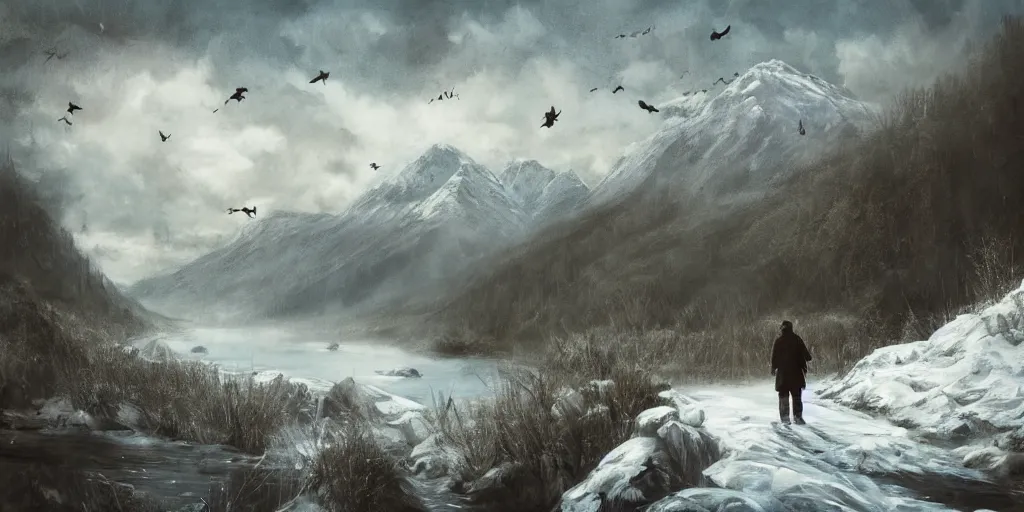 Image similar to A majestic landscape featuring a river, mountains and a forest. A small group of birds is flying in the sky. Harsh winter. very windy. There is a man walking in a deep snow.Camera is positioned behind the man. Cinematic, very beautiful, painting in the style of Lord of the rings