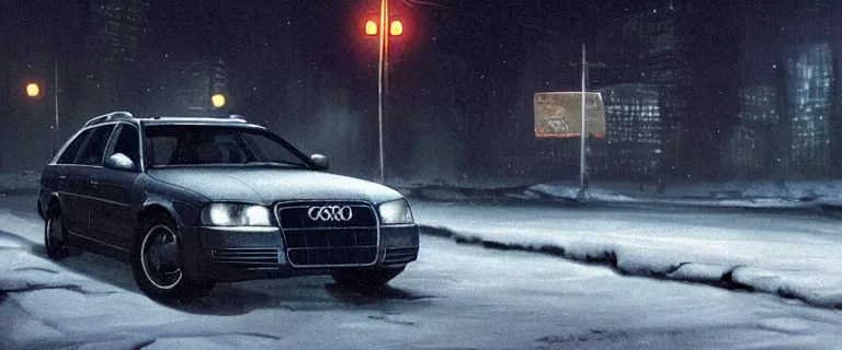 Image similar to Audi A4 B6 Avant (2002), a gritty neo-noir, simon stalenhag, Max Payne (PC) (2001) winter new york at night, dramatic bright lighting, cinematic, establishing shot, extremely high detail, photorealistic, cinematic lighting, artstation, by simon stalenhag, dark night, bright lights, eldritch horror, dark blue filter, ultra phonk