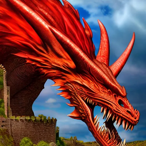 Prompt: a red dragon with a tan stomach, sharp teeth, and horns on a castle breathing fire, hyper realistic, detailed, photorealistic, 4 k