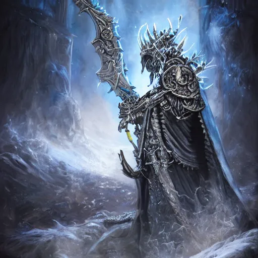 Image similar to The Lich King smoking weed from a Frostmourne Bong, by artgerm and wlop and scott fischer and seb mckinnon, digital art, highly detailed, wide shot, intricate, fantasy, mystical, sharp focus, Trending on Artstation HQ, deviantart, unreal engine 5, 4K UHD image