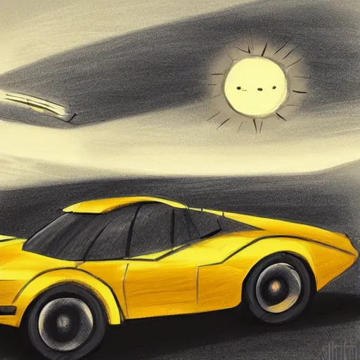 Prompt: a drawing of a yellow race car with the sun in the background, concept illustration by stefan gierowski, trending on artstation, retrofuturism, 2 d game art, concept art, matte illustration