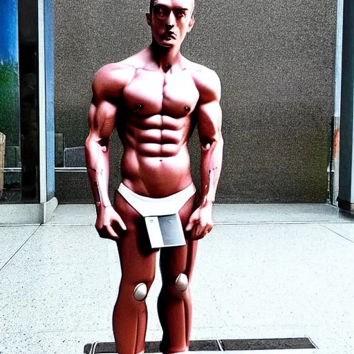 Image similar to “a realistic detailed photo of a guy who is an attractive humanoid who is half robot and half humanoid, who is a male android, fitness model Ryan Dengler, shiny skin, posing like a statue, blank stare”