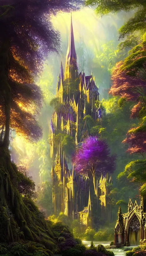 Image similar to fairy palace, castle towers, sunbeams, gothic cathedral, Japanese shrine waterfall, gold and gems, purple trees, lush vegetation, forest landscape, painted by tom bagshaw, raphael lacoste, eddie mendoza, alex ross concept art matte painting